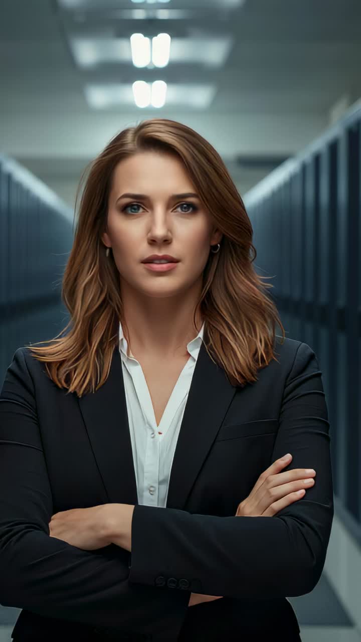 Vertical video: Lights activating, woman holding arms crossed between racks for headshot, in blazer