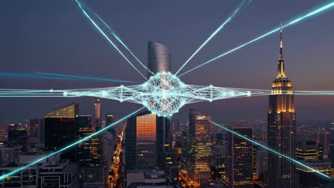 futuristic cityscape at night with network overlay