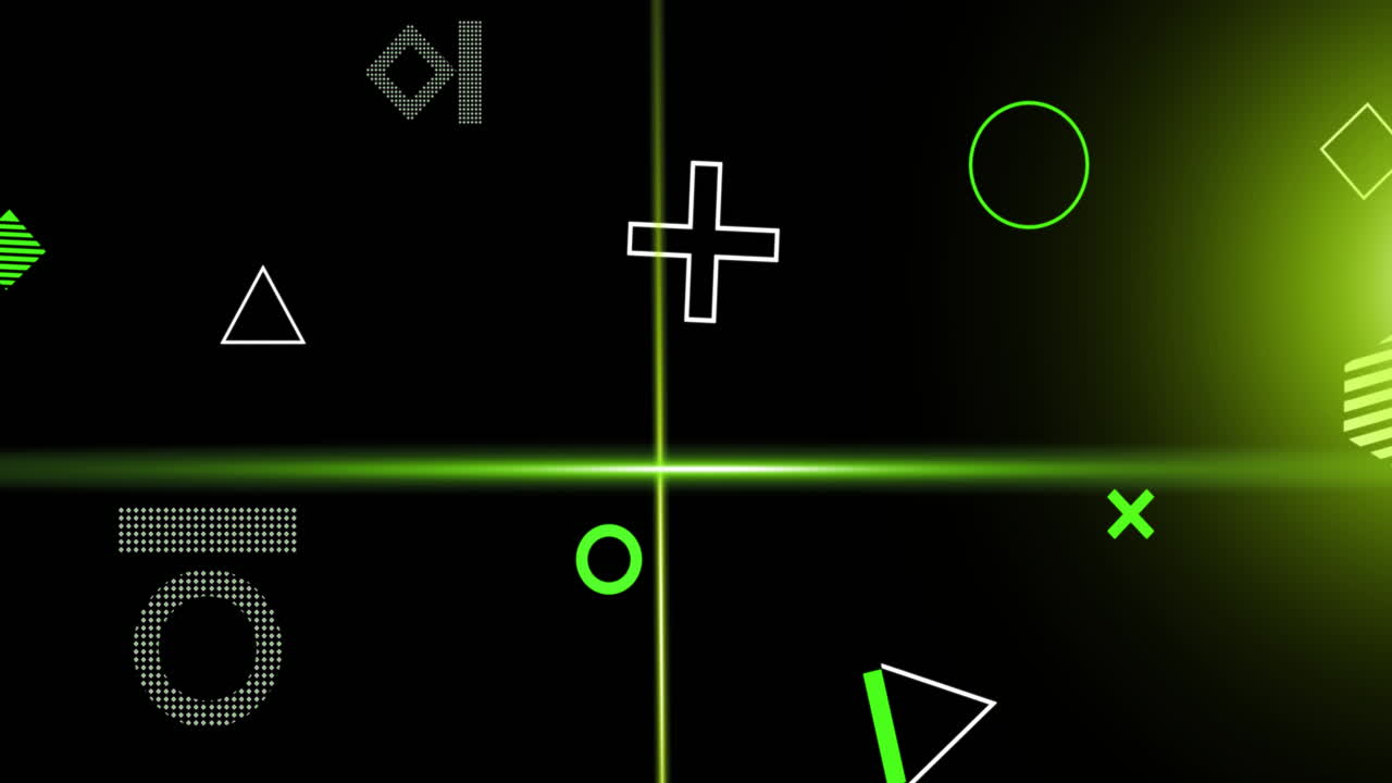 Animation of rotating shapes and green scanner beams on dark background