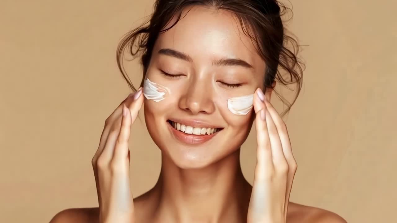 Close-up de vídeo de uma mulher sorrindo enquanto aplica creme em suas bochechas