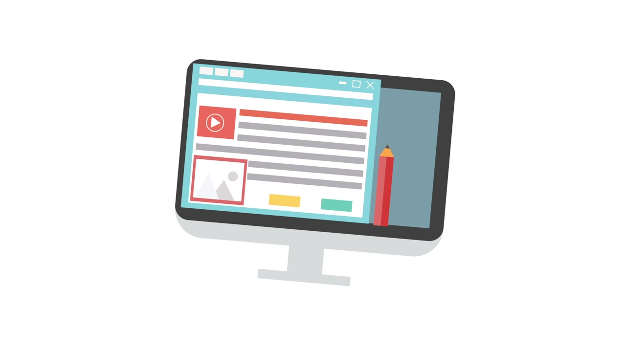 Animated Computer Monitor Displaying Web Content Creation Interface with Pencil