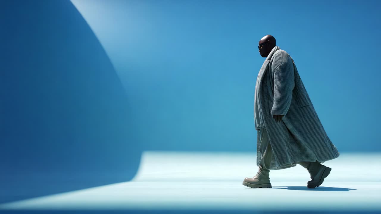 A solitary figure walks confidently in a minimalistic blue setting, clad in an oversized coat and sturdy boots, emphasizing elegance and strength amidst a stark backdrop