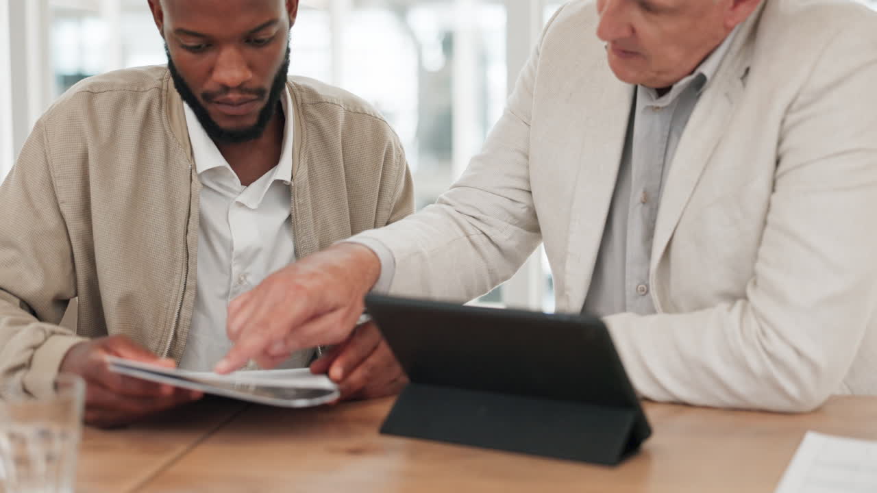 Documents, tablet or financial advisor with black