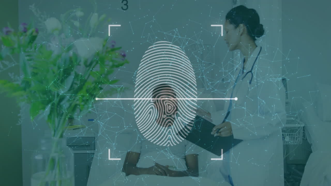 In hospital, medical professionals discussing with fingerprint scanning animation overlay
