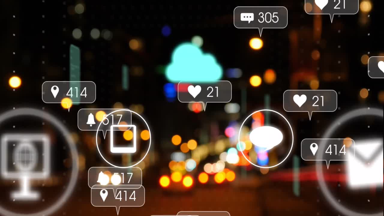 클라우드, 아이콘 및 도시 상의 데이터 처리의 애니메이션