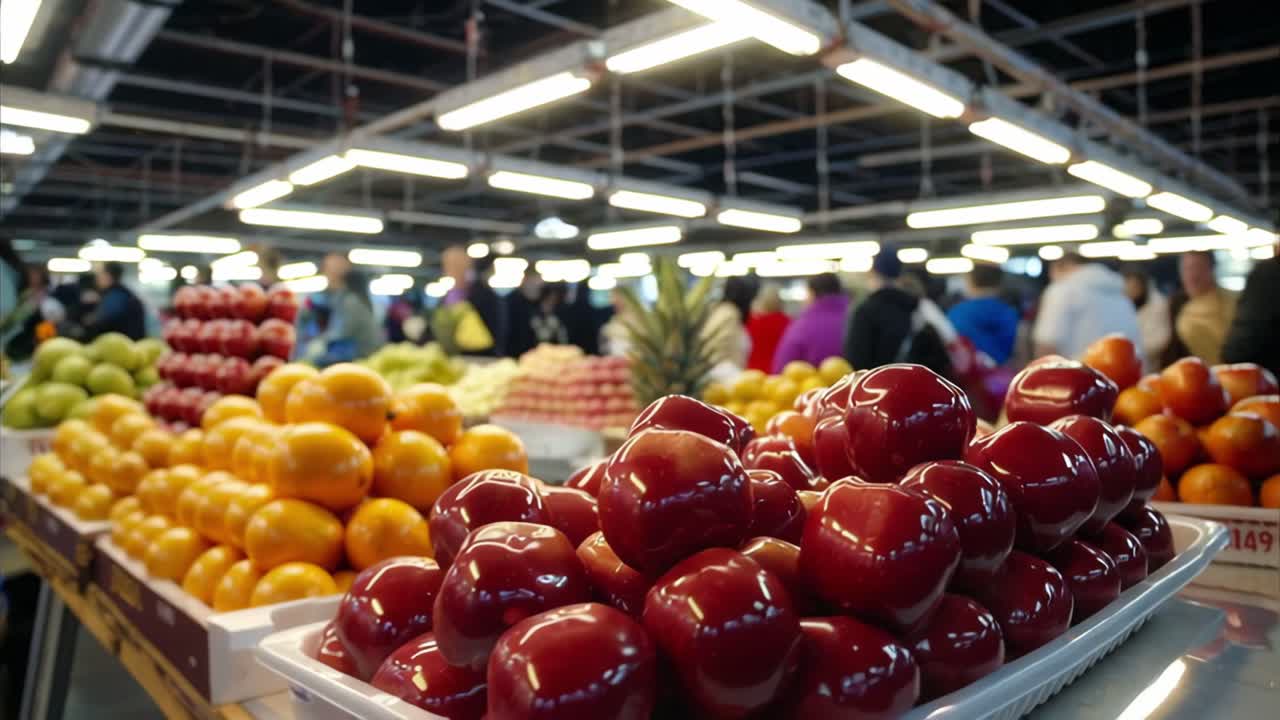 Red apples, oranges, and other colorful fruits are displayed in white trays at a bustling market, creating a vibrant and appealing scene for shoppers seeking fresh, healthy produce