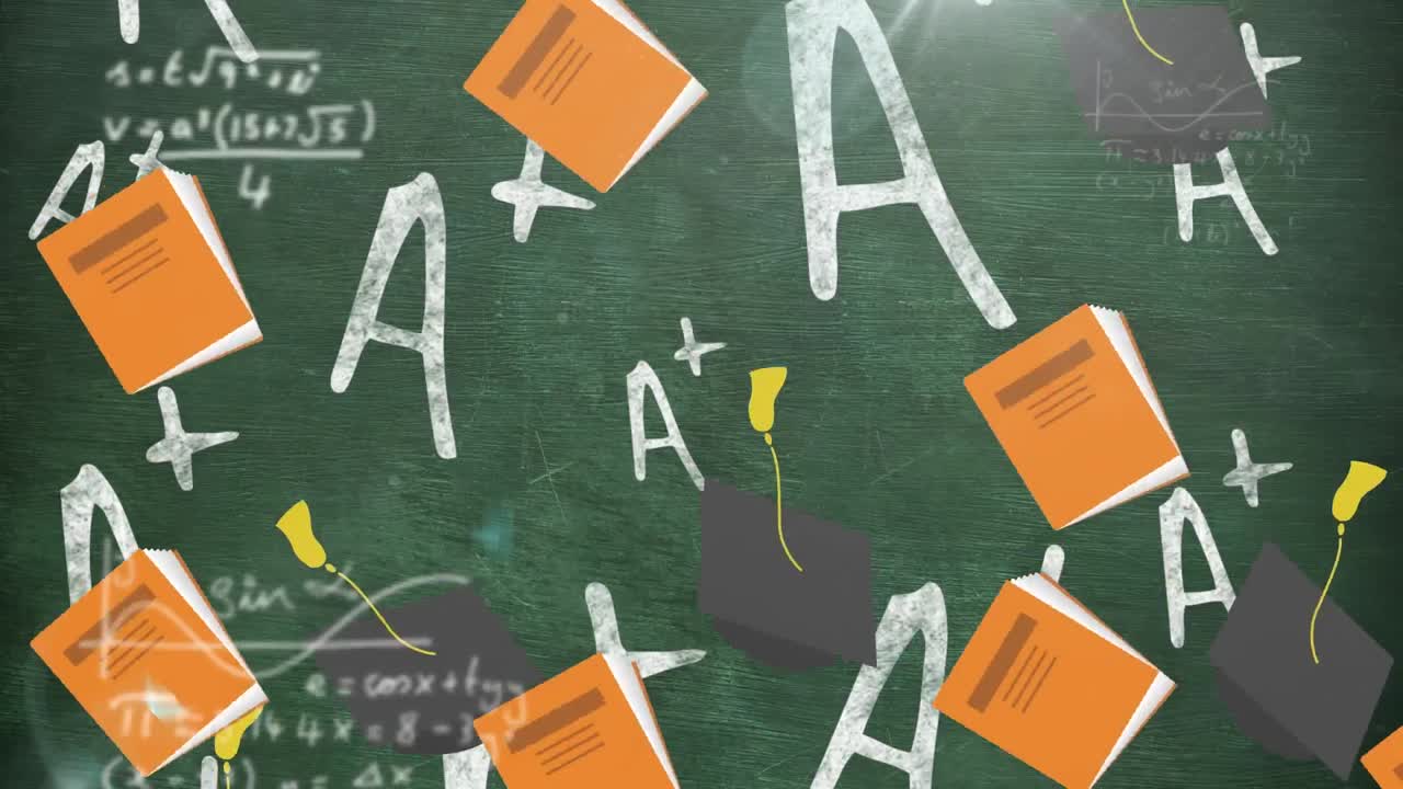 여러 책과 졸업 모자 아이콘이 검은색 배경의 수학 방정식에 맞춰 떨어집니다.