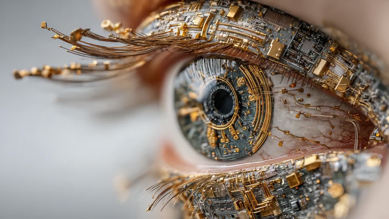 A Fascinating Close-up of an Eye Integrated with Circuitry, Merging Biological and Technological Elements in a Stunning Visual Display of Innovation and Design
