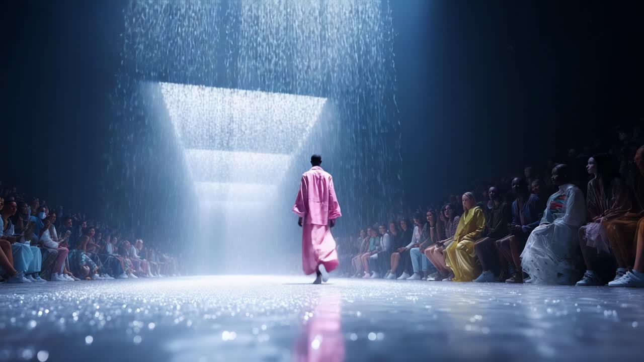 A mesmerizing fashion event unfolds beneath a cascade of shimmering water droplets, showcasing innovative designs and captivating artistry. A model confidently strides down the runway, surrounded by an engaged audience, creating a magical atmosphere
