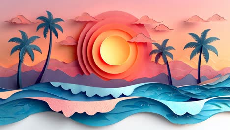 a paper drawing of a beach with palm trees and a sun in the sky. scene is peaceful and relaxing