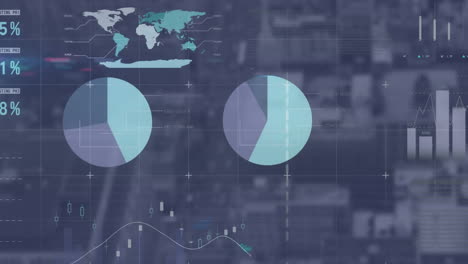 animation of statistical data processing against aerial view of cityscape