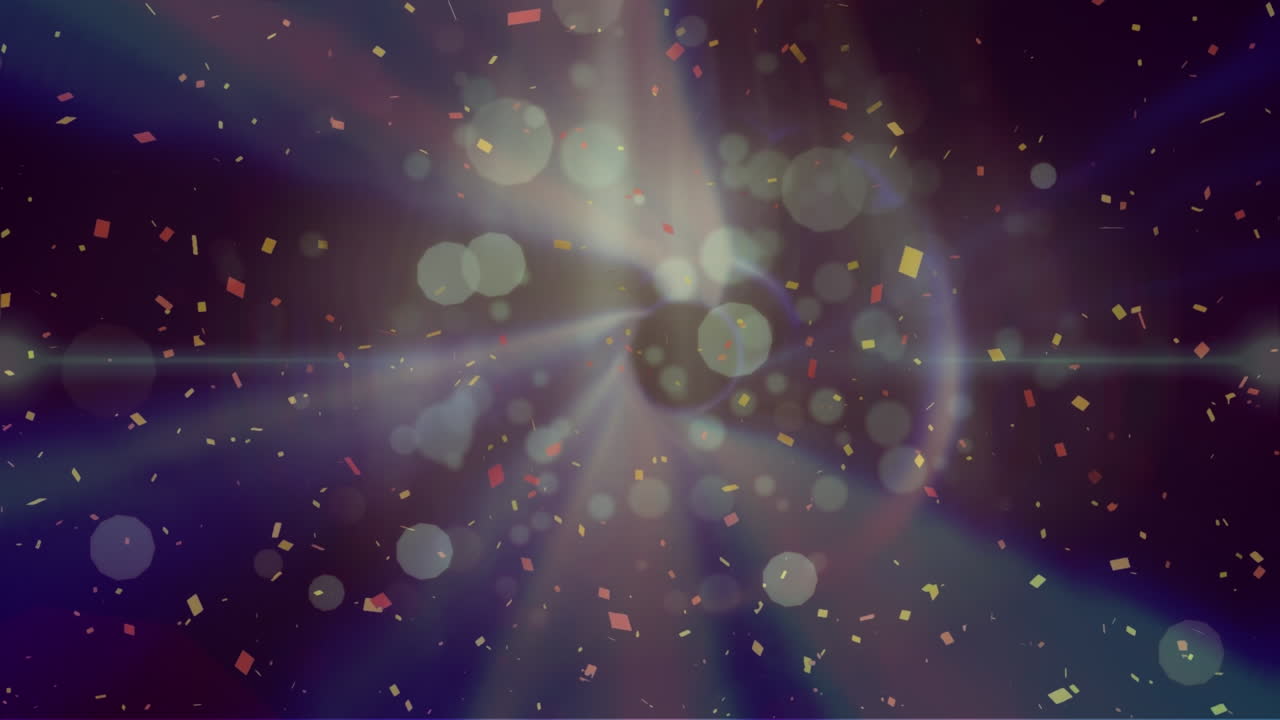 Animation of falling confetti over glowing lights on dark background