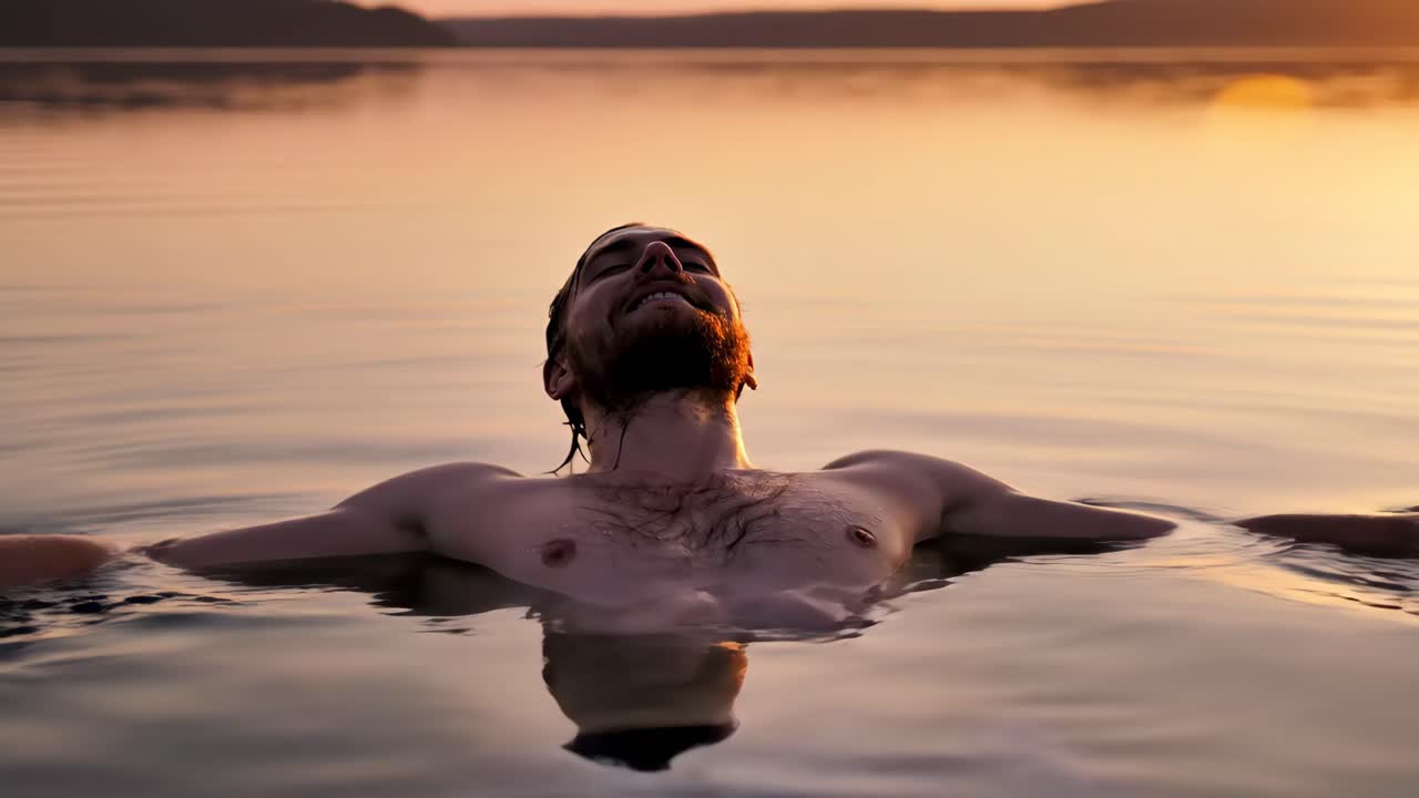 Mand slapper af i søen ved solnedgang