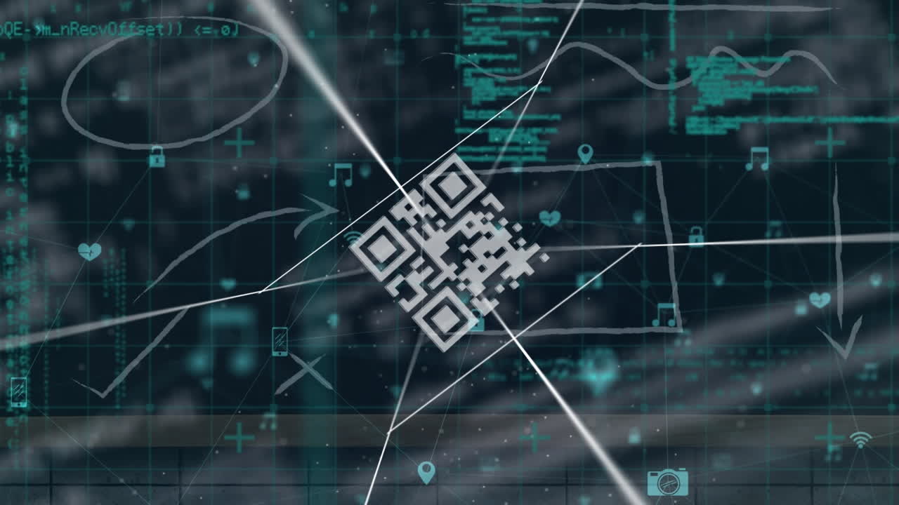 animación del código qr y la red de conexiones con iconos sobre el procesamiento de datos en fondo negro.