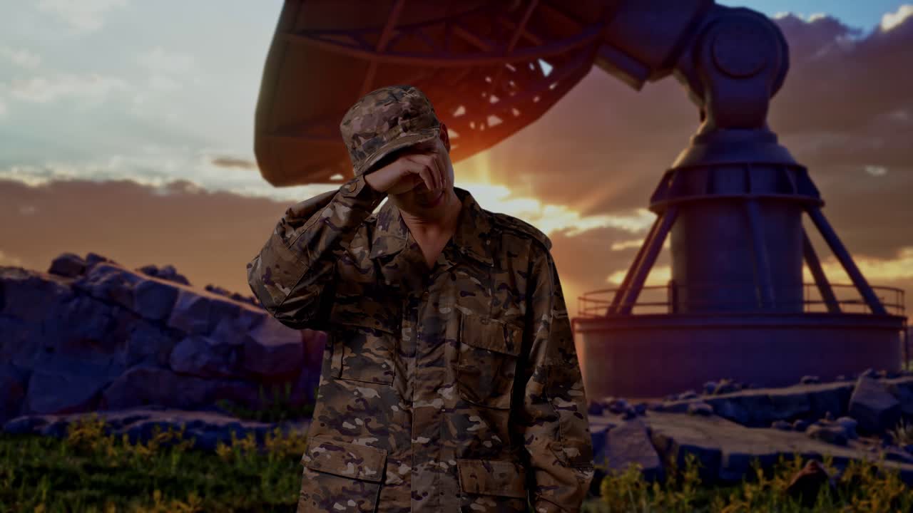Asian Man Soldier Wiping The Sweat And Being Tired While Standing With Satellite Dish