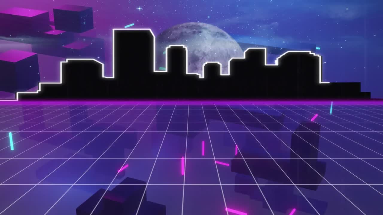 Animation of video game metaverse over purple background