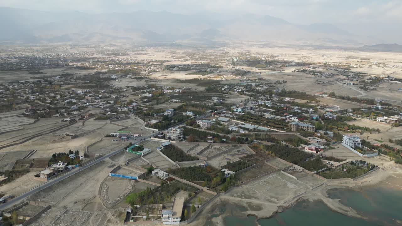Drone Shot of Qargha Water Reservoir and Lakeside Buildings, West of Capital Kabul, Afghanistan