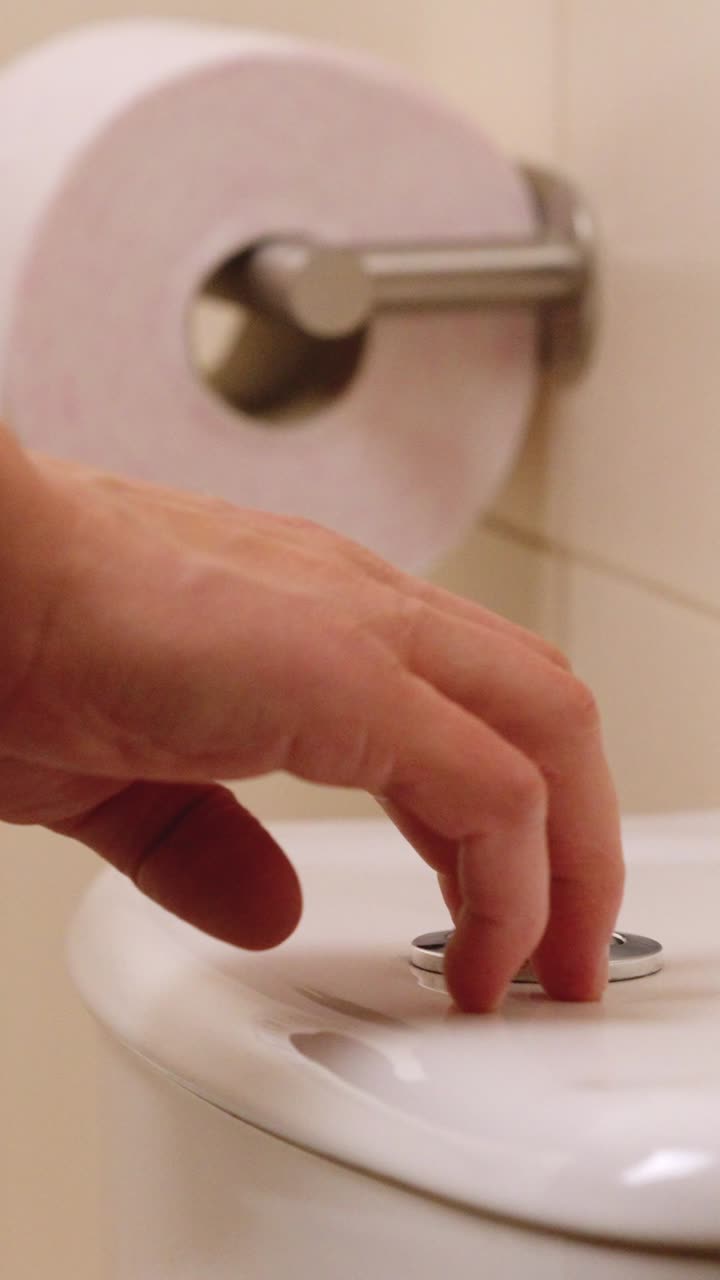 Hand flushing a toilet in a bathroom