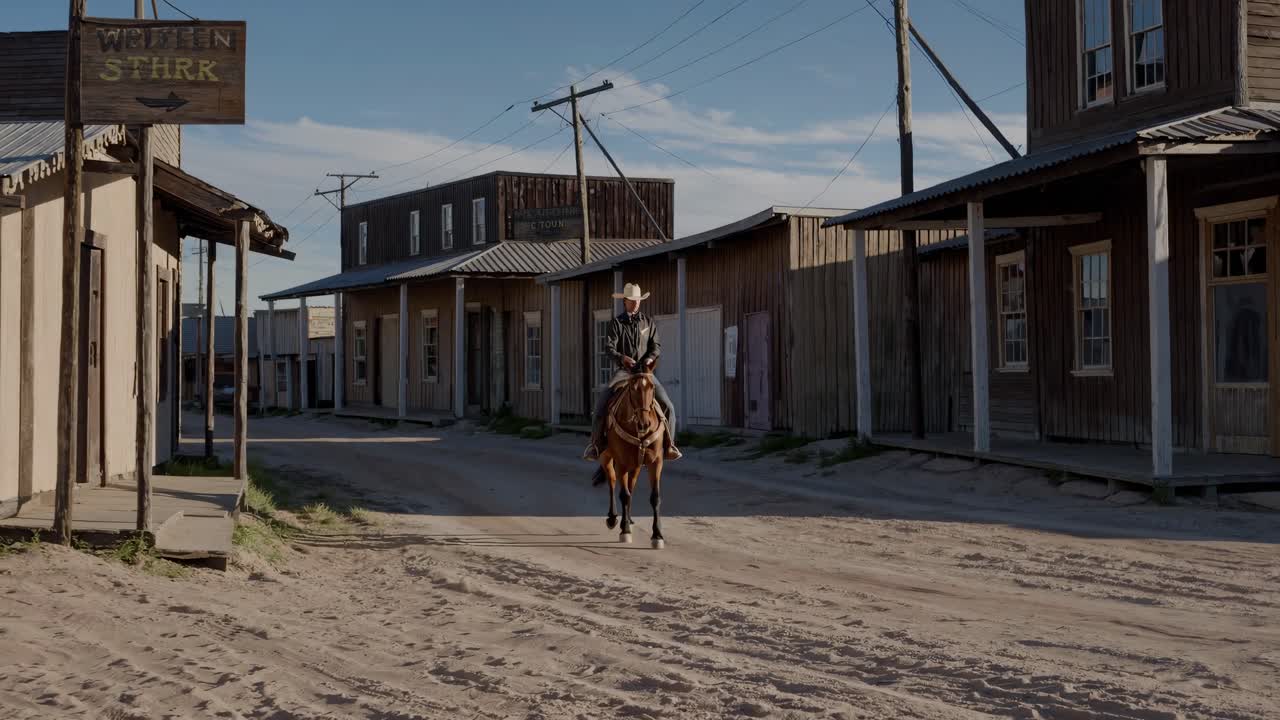 A cowboy rides a horse in a deserted western town. Shot from a side angle, capturing the rustic