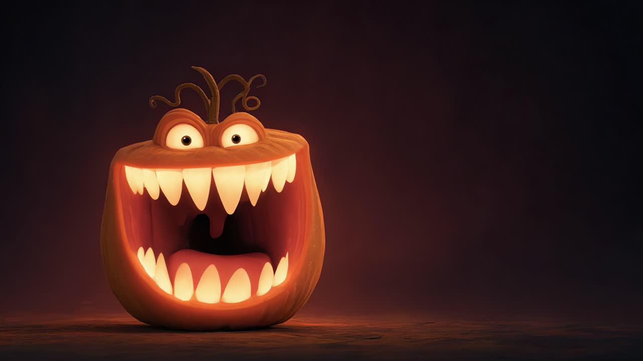A whimsical and colorful jack-o'-lantern with joyfully exaggerated features, showcasing a wide mouth filled with sharp teeth and a playful expression in a darkened background