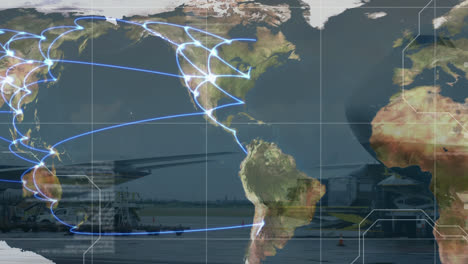 animación del procesamiento de datos y la red de conexiones en el mapa del mundo y el aeropuerto