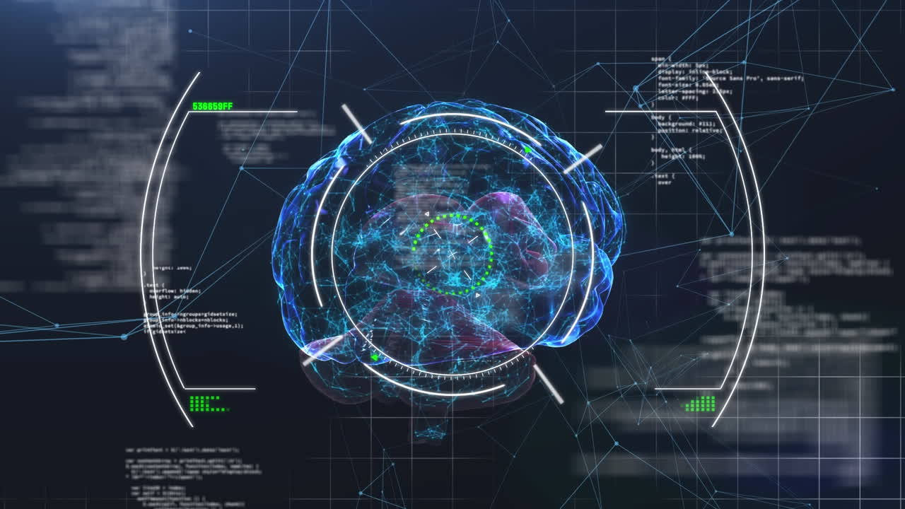 Animation of glowing human brain with digital interface data processing