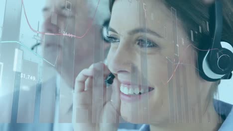 Grey-graph-rolling-over-a-Caucasian-female-call-centre-worker,-talking-on-a-phone,-wearing-headphone