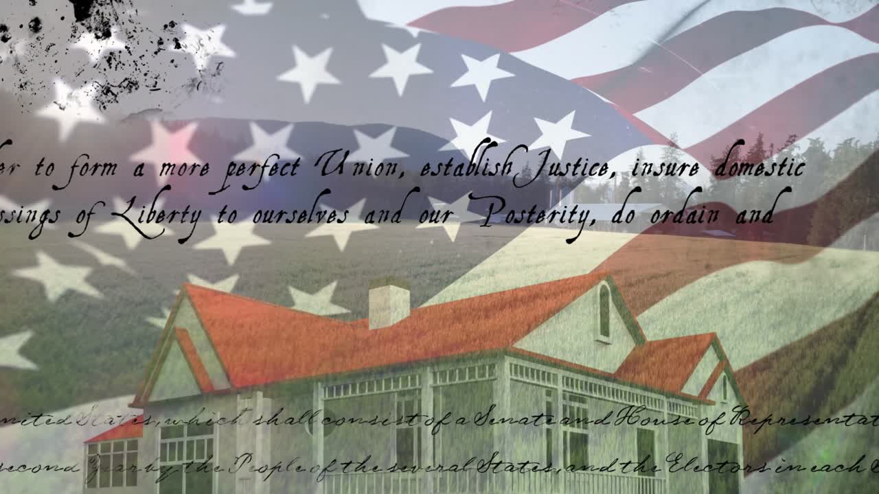 Animation af USA's flag og forord til USA's forfatning, der bevæger sig mod et hus