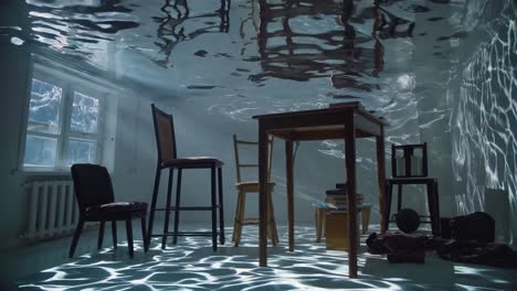 soft sunlight filtering through window, casting ethereal light rays onto submerged furniture, creating hauntingly peaceful scene of water damaged interior floating in tranquil underwater stillness