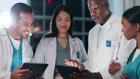 hospital, team and doctors on tablet in meeting