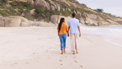 back, love and couple on a beach