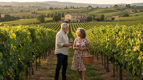 a heartwarming stroll through lush vineyards: a couple enjoys wine and each other's company amidst rolling green landscapes and crisp sunshine