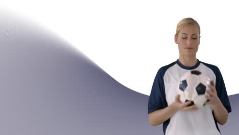 Portrait-of-caucasian-female-soccer-playing-holding-football-against-waves-on-white-background