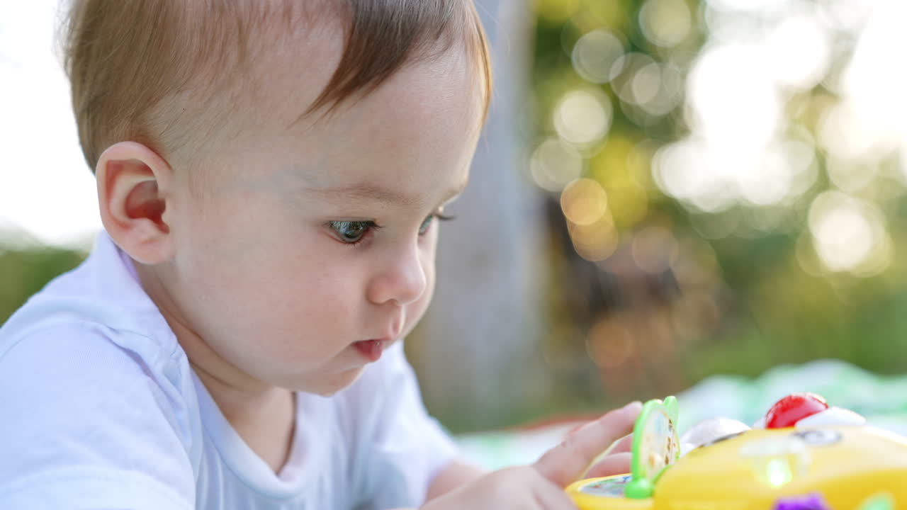 Face of a baby being busy and interested with a bright yellow toy. Close up. Blurred background.