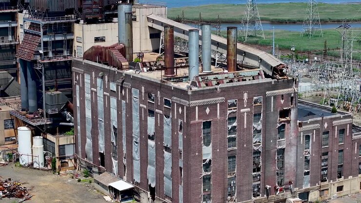 Vista aérea de aproximação de uma Central Termelétrica a Carvão desativada em Sayreville, NJ