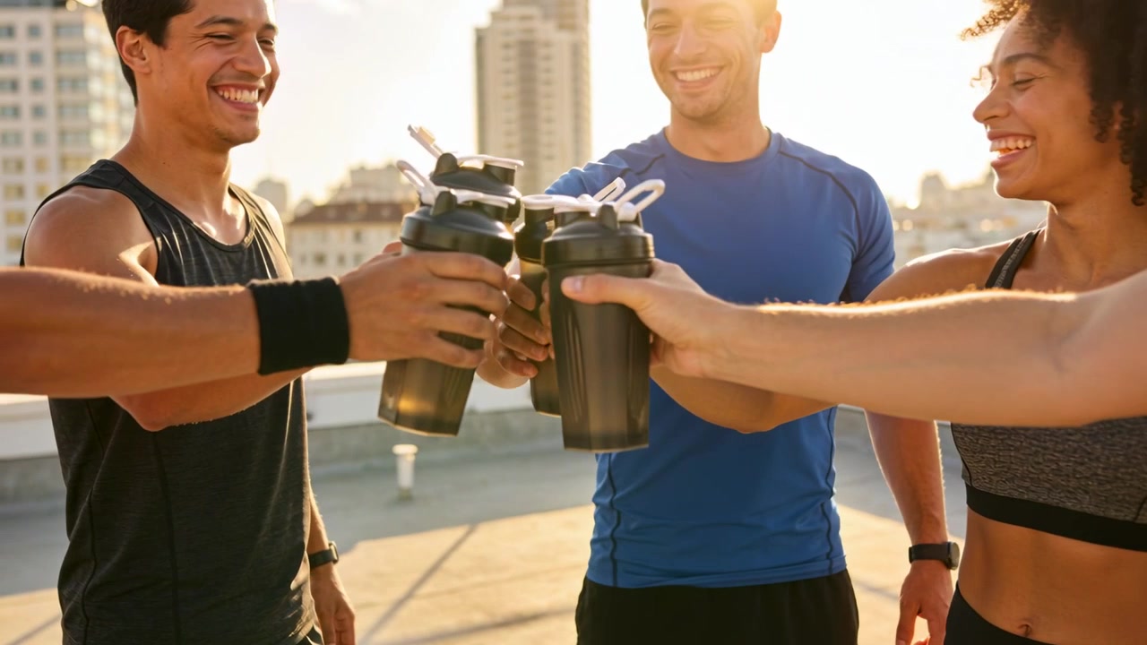 Amici in abbigliamento sportivo festeggiano brindando con shaker scuri su un tetto dopo l'allenamento.