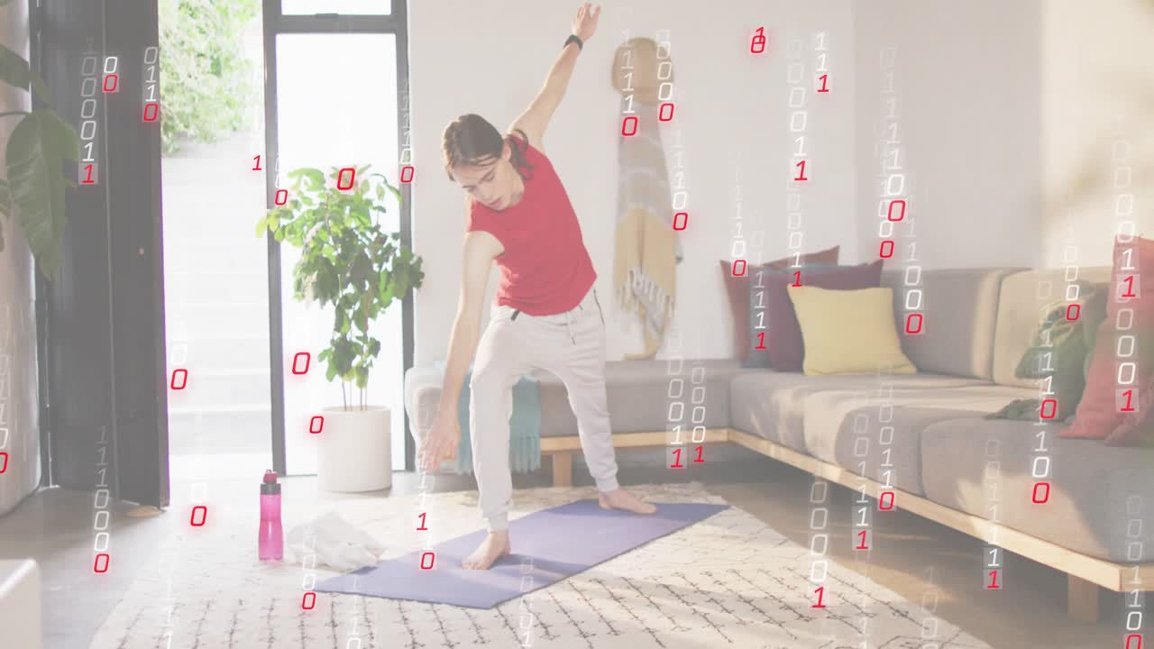 Woman stepping barefoot onto blue yoga mat and holding triangle stretch for fitness core stability
