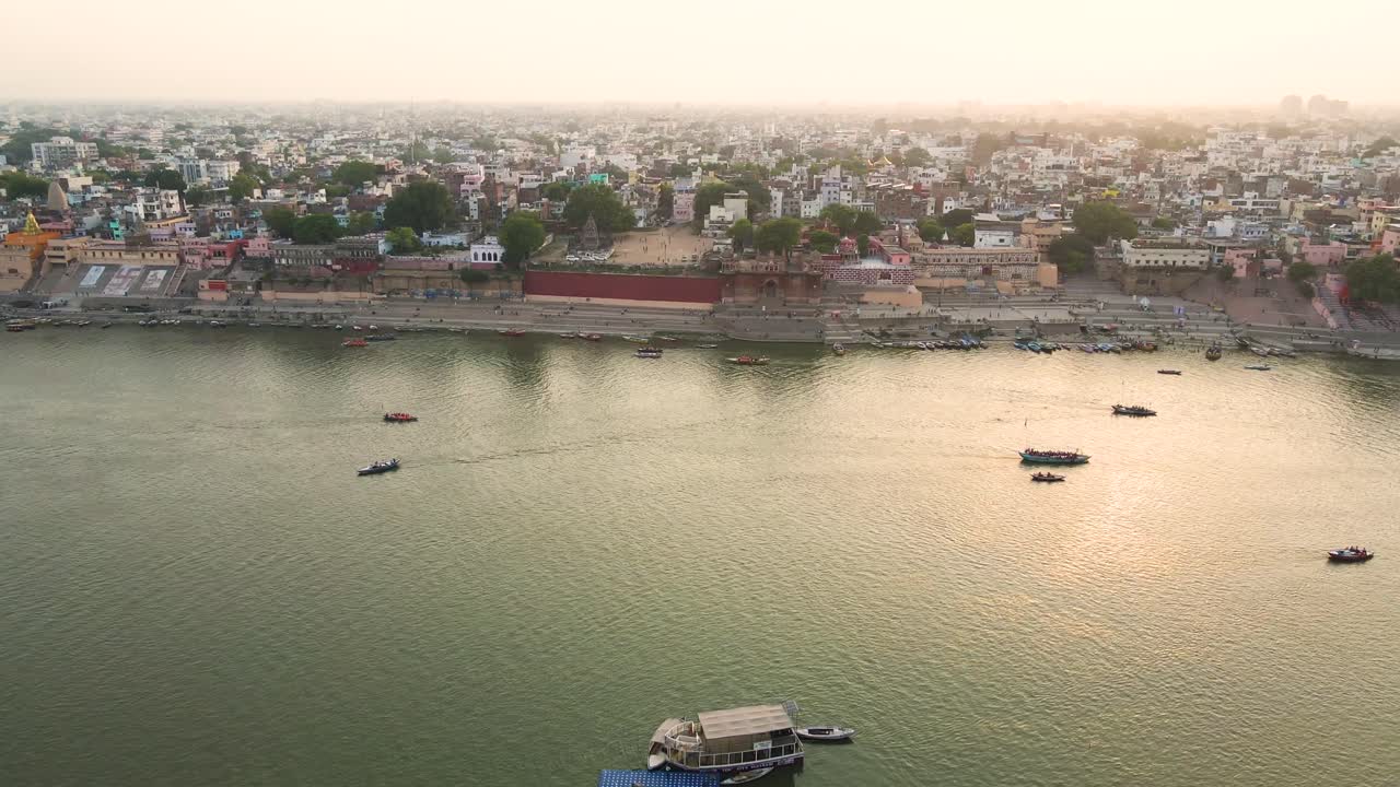 Aerial drone shot of Banaras and the Ganga River, capturing the essence of spirituality and serenity.