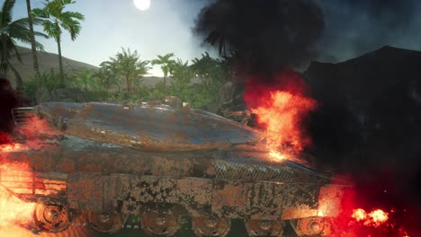 burned tank in the desert at sunset