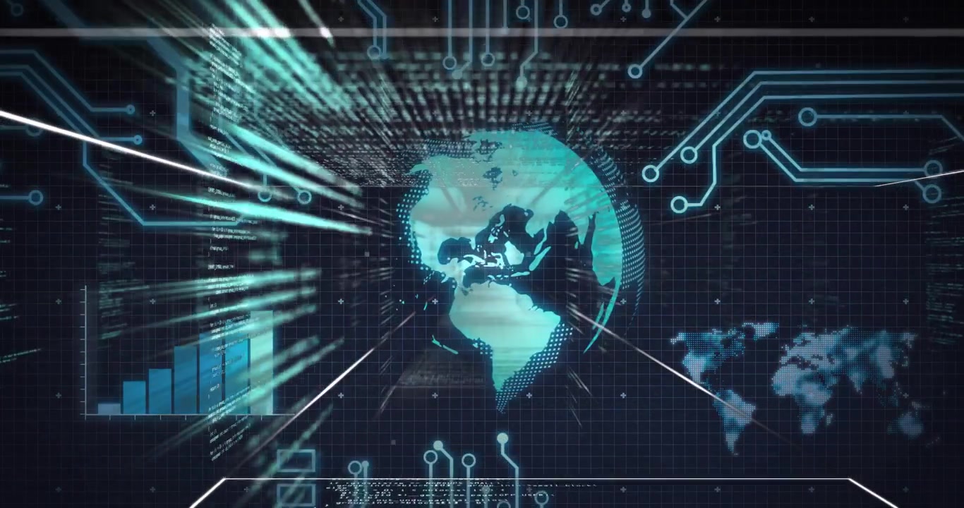 Turquoise globe rotating eastward while chart growing and data streaks pulsing to visualize network