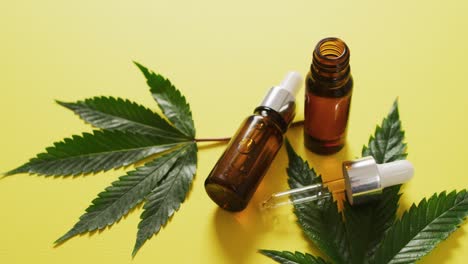 Video-of-marijuana-leaves-and-bottle-of-cbd-extract-on-yellow-background