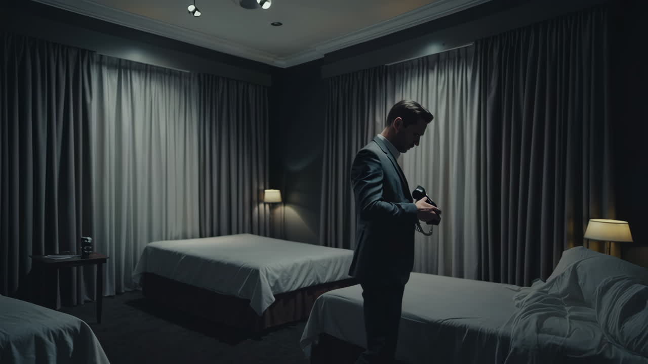 Businessman in Hotel Room at Night
