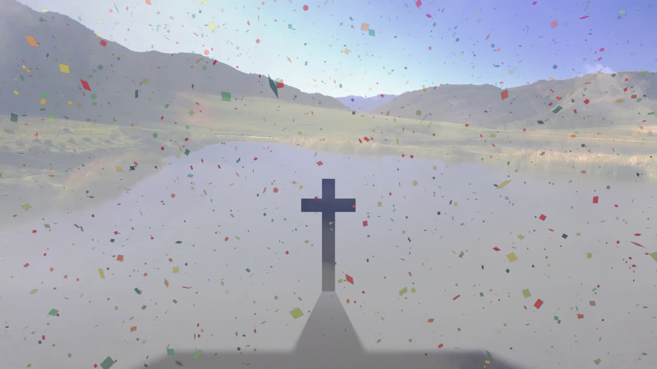 Colorful confetti falling from sky, shadow of cross cast on landscape