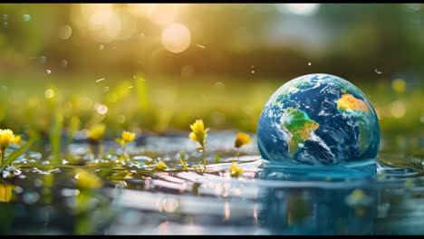 save the water, save the planet. a clear globe is floating on top of a body of water