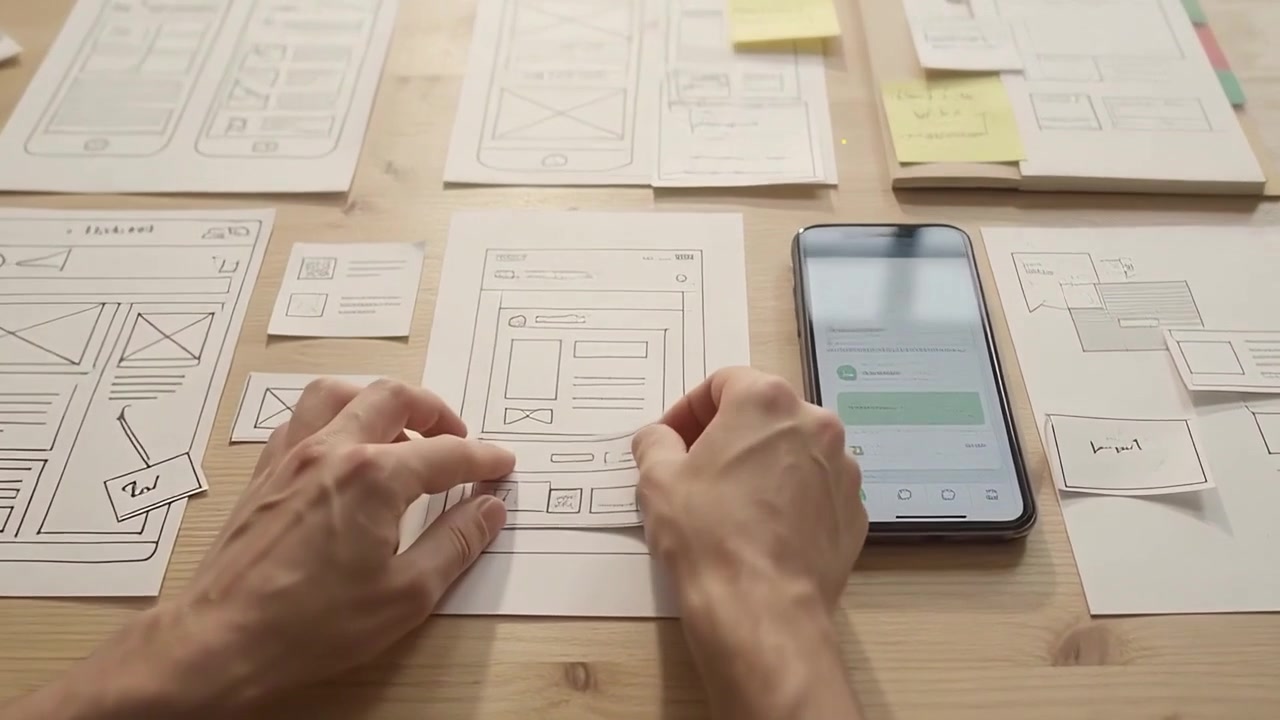 UX designer che crea il prototipo dell'interfaccia di un'app mobile con wireframe cartacei