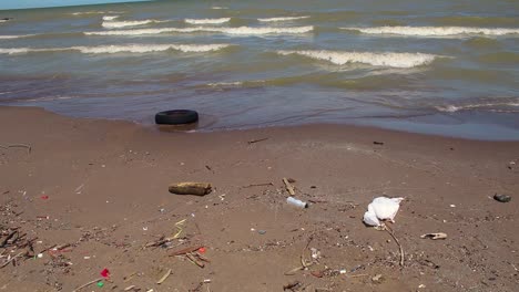 trash on the beach in cleveland, ohio