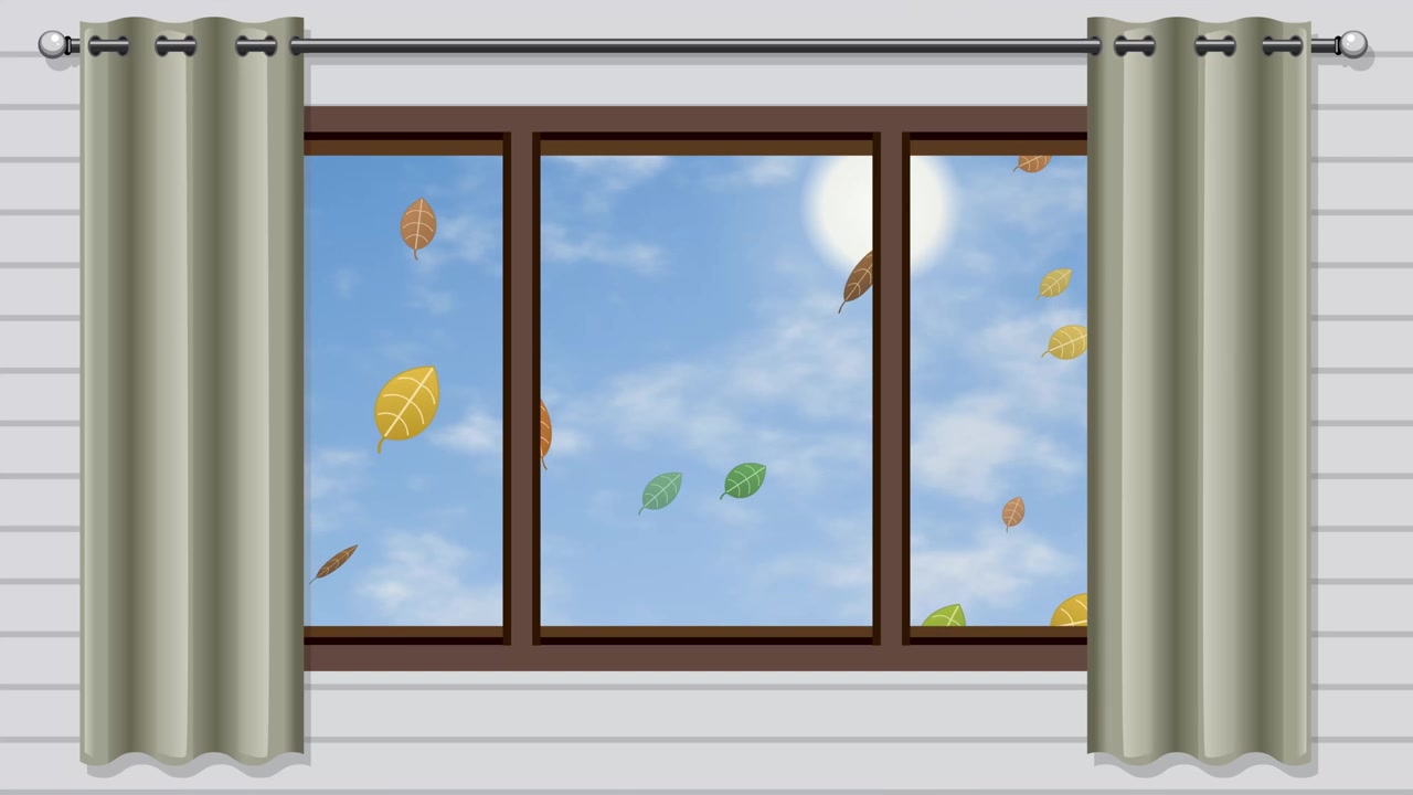 Cartoon animation of colorful autumn leaves falling outside a window against a sunny sky.
