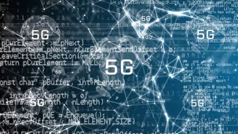 Animation-Von-5g-über-Globus,-Daten,-Verbindungen,-Binärcode-Und-Digitalem-Bildschirm