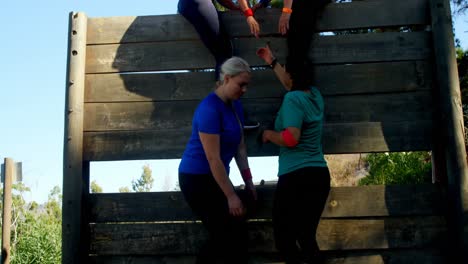 Una-Mujer-Asistida-Por-Sus-Compañeros-De-Equipo-Para-Escalar-Una-Pared-De-Madera-Durante-Una-Carrera-De-Obstáculos