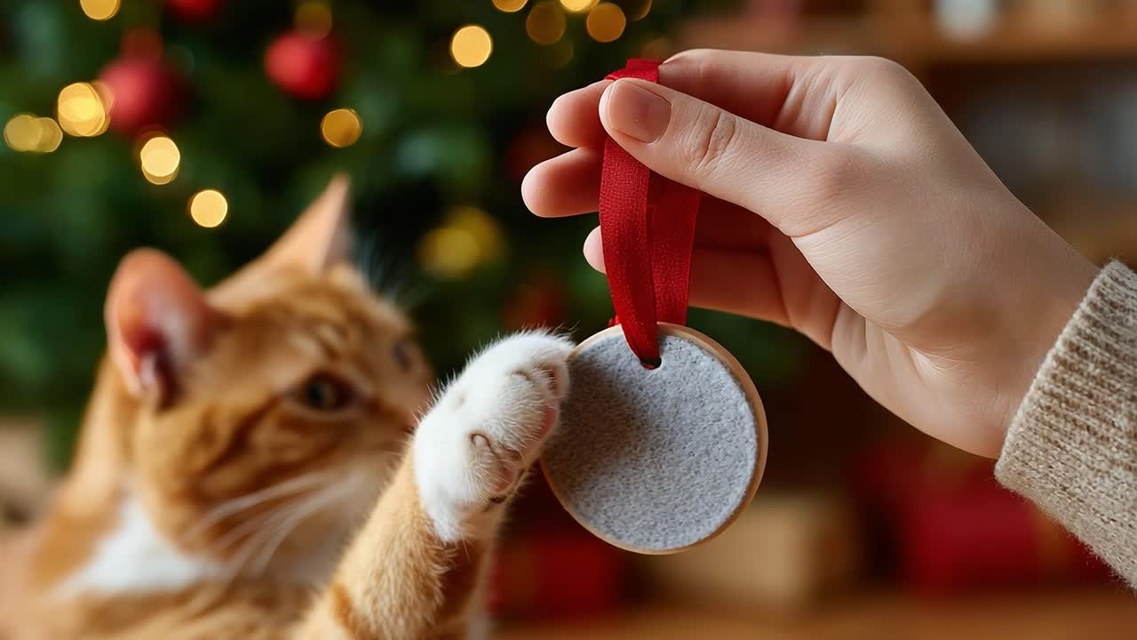 A Cozy Holiday Scene Featuring a Ginger Cat Interacting with a Christmas Ornament Handled by a Human, Set Against a Beautifully Decorated Festive Background